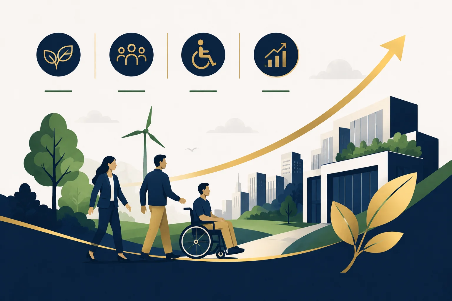 Illustratie van de drie pijlers van impact bij Impact Growth Partner: duurzame groei, banen, toegankelijkheid en waardecreatie.
